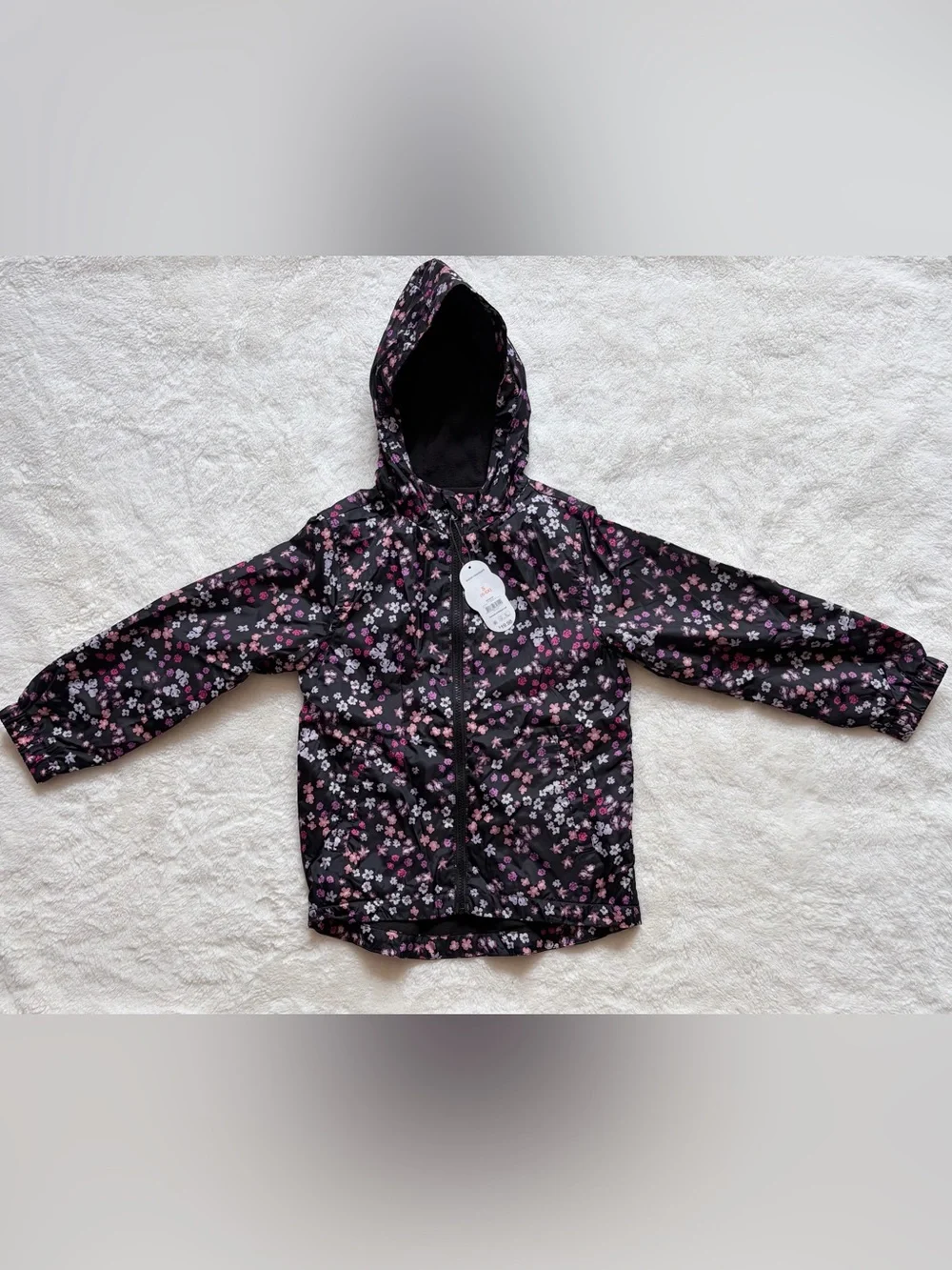 Girls Black Floral Windbreaker - NWT Full Zip Jacket With Hood & Pockets, Size 6